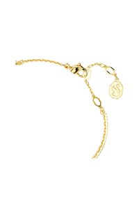 Gold bracelet featuring a delicate chain design, clasp closure, and a tag with a swan emblem. Polished finish with intricate detailing.