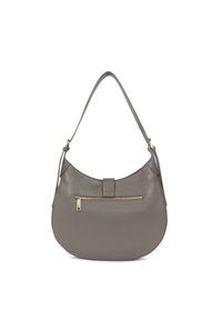 Borsa a spalla in pelle grigia con forma arrotondata, dotata di una tasca frontale con zip e di una lunga tracolla. Gli accessori in tonalità dorata valorizzano il design.