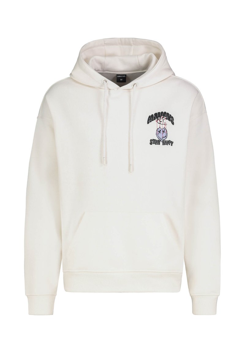 Witte hoodie van zachte stof met een voorzak, koorden en een grafisch ontwerp met tekst en kleurrijke accenten op de borst.