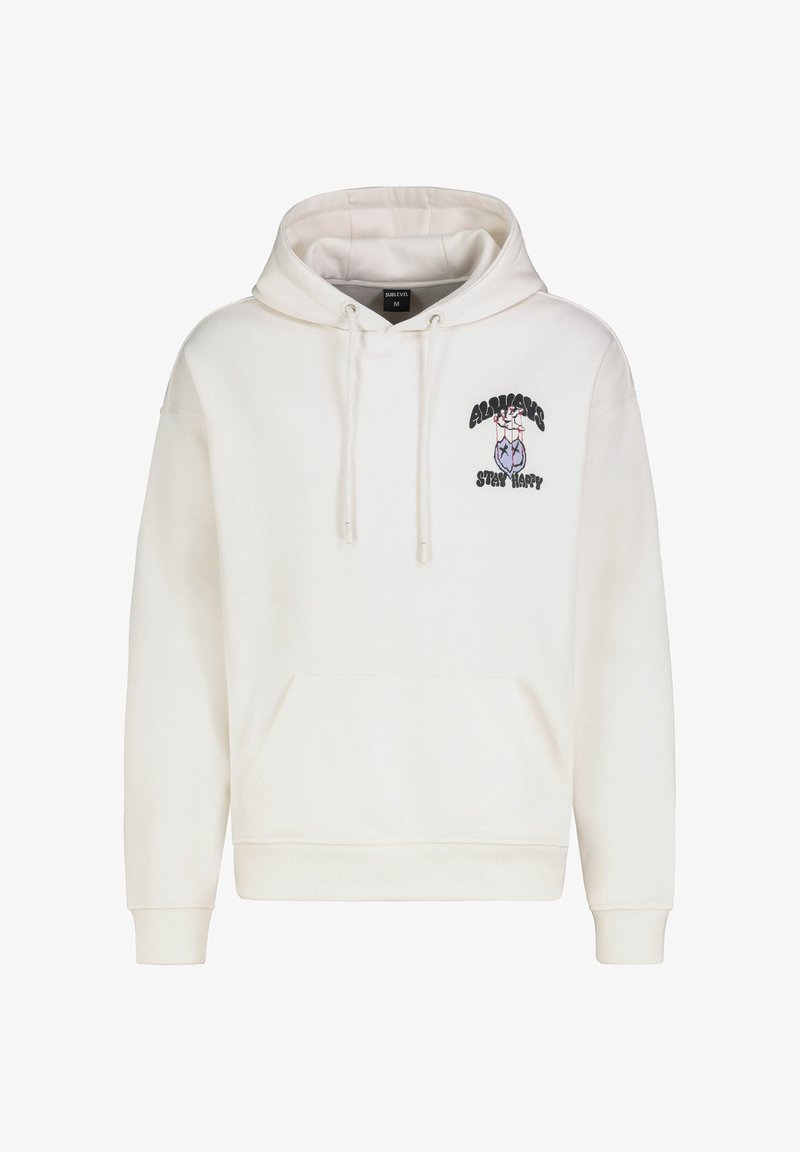 Weißer Kapuzenpullover aus weichem Material mit einer Fronttasche, Zugkordeln und einem grafischen Design mit Text und bunten Akzenten auf der Brust.