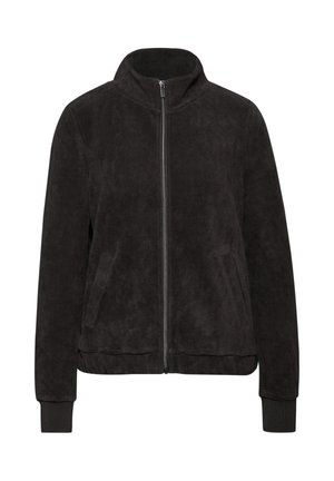 Zwarte geribbelde jas met rits, hoge kraag, zijzakken en geribbelde manchetten aan lange mouwen, weergegeven op een witte achtergrond.