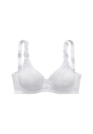 White lace bra with floral embroidery on cups and straps, featuring underwire support and adjustable satin straps.