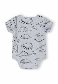 Sivi pamučni bodi za bebe s crnim uzorcima dinosaura. Kratki rukavi, okrugli izrez i kopčanje na dnu za lagano oblačenje.