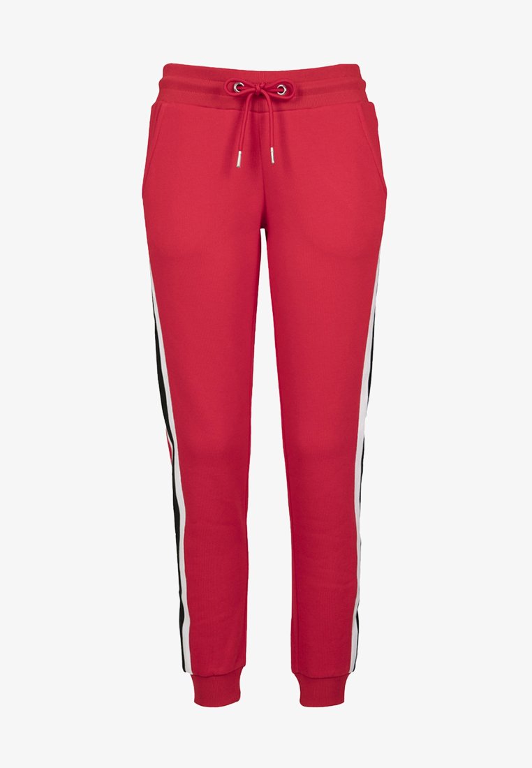 Rode joggingsbroek gemaakt van zachte stof, met een koord in de taille, zijstrepen in wit en zwart, en geribbelde boorden voor een snug fit.