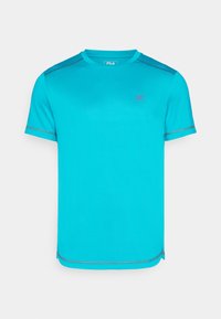 Turquoise athletic t-shirt with short sleeves, contrasting grey stitching, and a small logo on the chest. Smooth texture, regular fit.