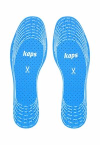 Plantillas ortopédicas azules con diseño perforado, que incluyen marcas de talla y un ícono de tijeras para cortar. Nombre de la marca "kaps" en blanco en el centro.