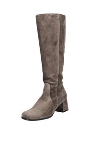 Botte pour femmes en daim de couleur taupe, avec un talon bloc bas et un bout carré arrondi.