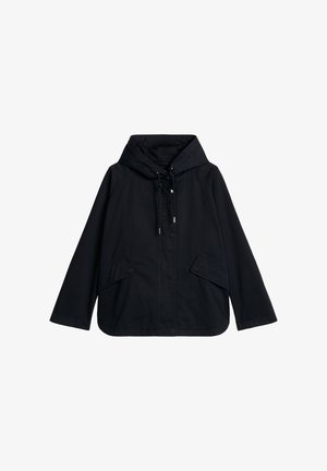 Veste noire à capuche avec poches avant, manches longues et cordon de serrage réglable au niveau du cou, conçue pour un usage décontracté.