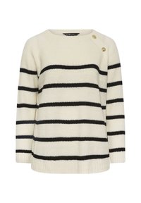 Virkat tröja i krämfärgad med svarta ränder, med rund halsringning och två guldknappar på vänster axel.