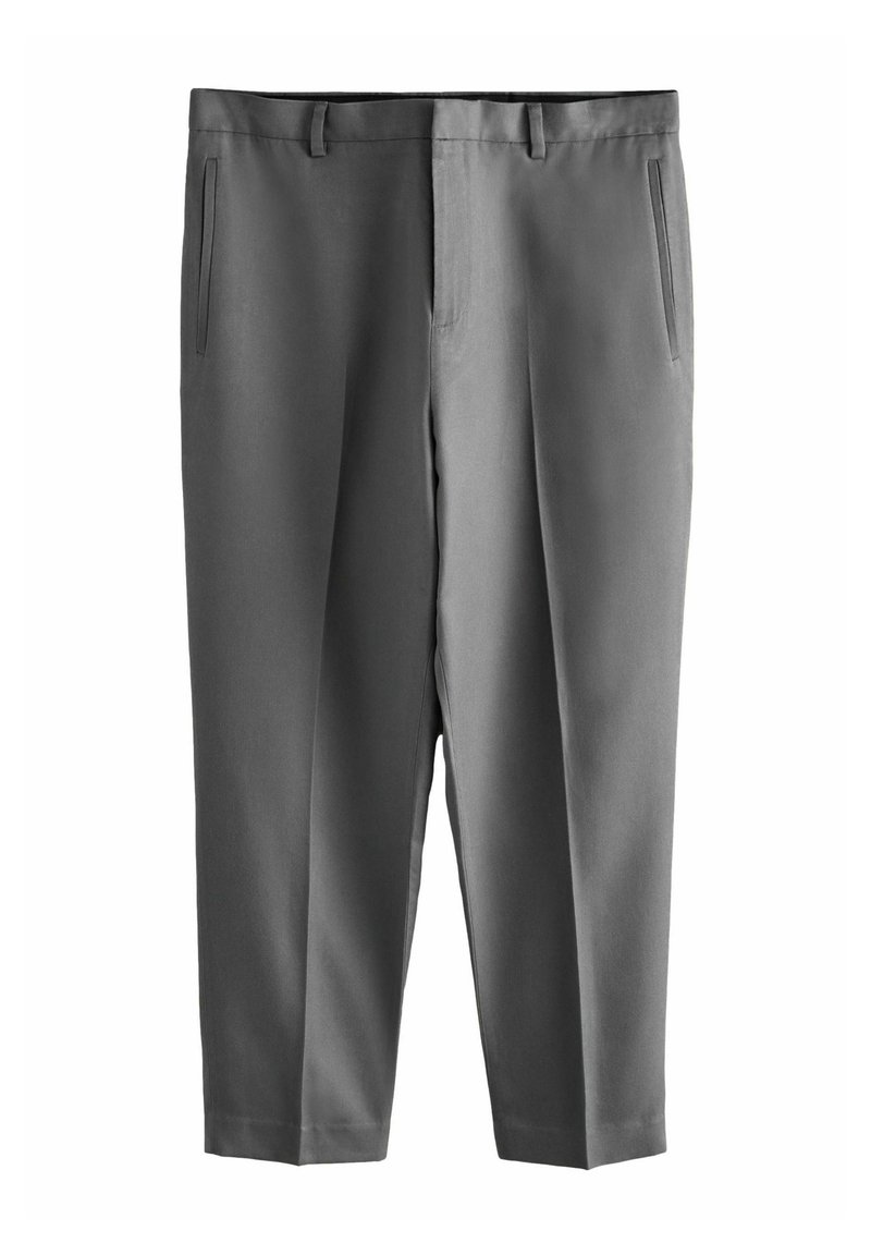Pantaloni grigi in un tessuto liscio, caratterizzati da un taglio dritto, due tasche laterali e una vita standard con passanti per cintura.