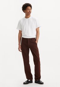 Pantaloni de bumbac maro cu picior drept, purtați împreună cu un tricou alb simplu cu guler rotund. Ținuta este completată cu pantofi eleganți negri.