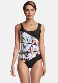 Maillot de bain noir avec un motif géométrique coloré sur la partie médiane, doté d'une texture lisse et de larges bretelles.