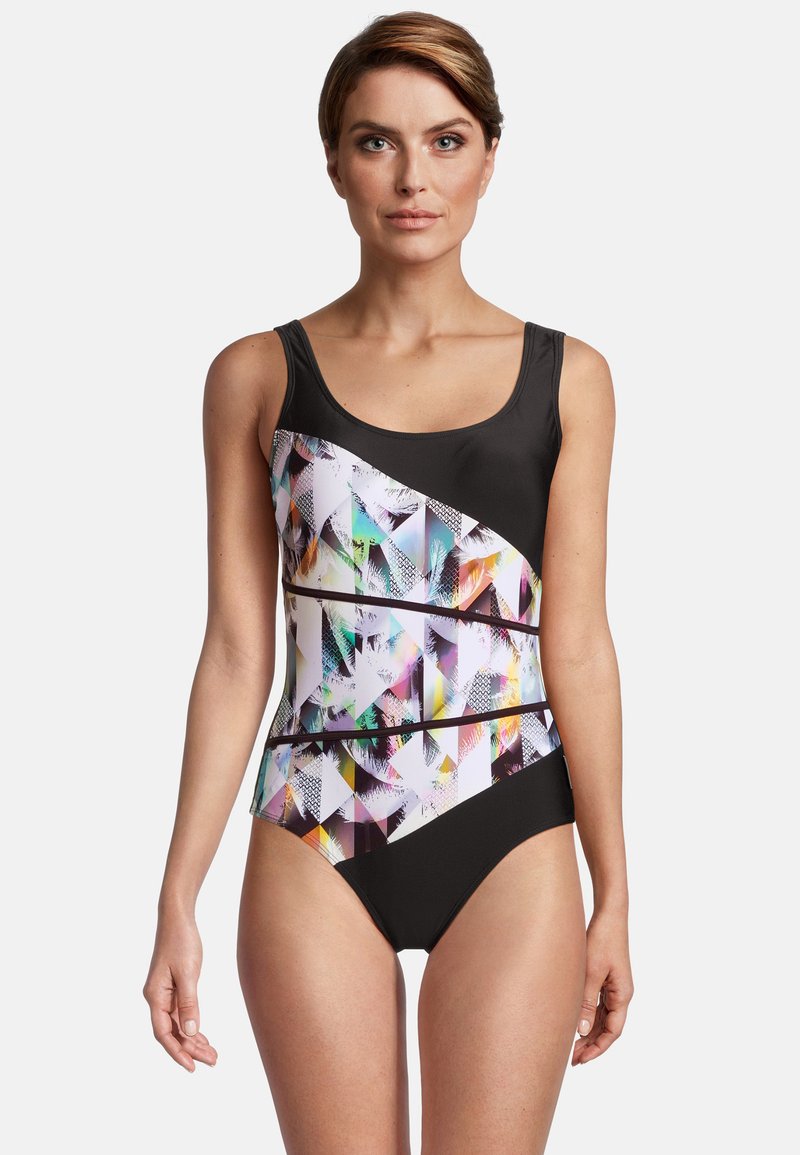 Maillot de bain noir avec un motif géométrique coloré sur la partie médiane, doté d'une texture lisse et de larges bretelles.