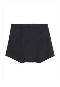 Schwarze hochgeschnittene Shorts aus weichem Stoff. Besitzen klare Linien, einen breiten Bund und gesteppte Details an den Seiten.