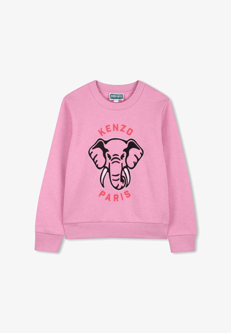 Sweat-shirt rose avec un motif d'éléphant noir et le texte "KENZO PARIS". Comprend des poignets et un ourlet côtelés, en matériau doux mélangé en coton.