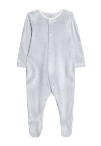 Body bianco per neonato con sottili righe orizzontali blu, maniche lunghe, bottoni a pressione sul davanti e sui piedi.