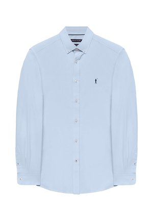 Chemise bleu clair à manches longues avec boutons sur le devant, col boutonné et petit logo de joueur de polo noir sur la poitrine.