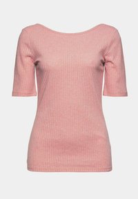 T-shirt rosa a coste con scollatura a barca e maniche corte, caratterizzato da una forma aderente e una texture morbida. Nessun motivo o accenti aggiuntivi.