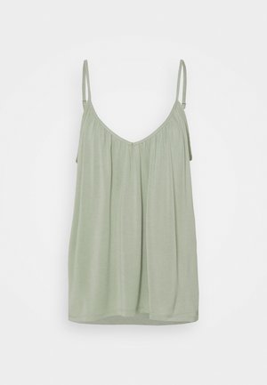 Blouse sans manches vert clair avec fines bretelles réglables et un design ample et froncé sous l'encolure.