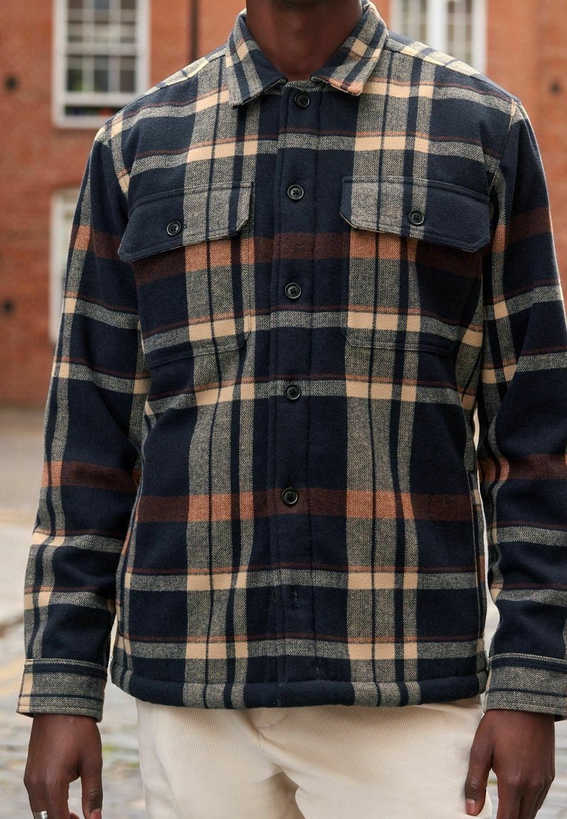 Homme portant une veste-chemise à manches longues à carreaux boutonnée bleu marine, beige et marron avec deux poches poitrine boutonnées.