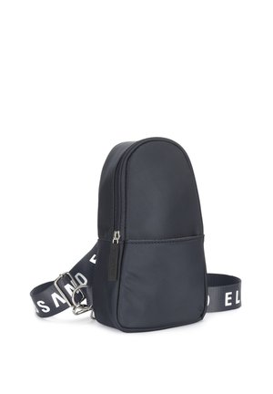 Compact black crossbody bag with front zipper pocket and adjustable strap featuring white branded lettering.