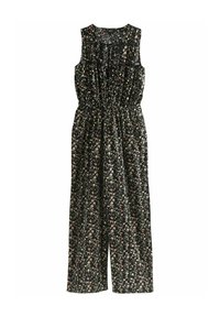 Jumpsuit floral en tissu noir avec une taille élastique, présentant un design sans manches et de petits motifs de fleurs colorées sur l'ensemble.