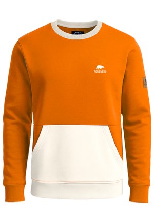 Oranje en roomkleurige sweatshirt met een ronde hals, ribgebreide boorden, een voorkantzak en logo-detail op de borst en mouw.