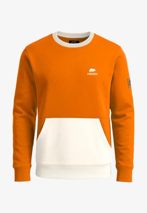 Sudadera naranja y crema con cuello redondo, puños acanalados, bolsillo frontal y detalle de logo en el pecho y la manga.