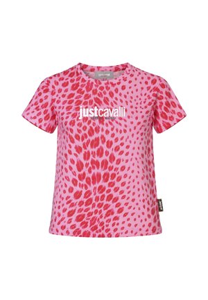 T-shirt rosa a maniche corte con motivo a stampa leopardata rossa e logo "just cavalli" bianco al centro del petto.
