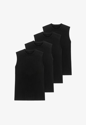 Quattro canottiere nere senza maniche, realizzate in un morbido cotone misto, con collo rotondo e design semplice, privo di motivi o decorazioni.
