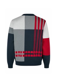 Gestrickter Pullover mit mehrfarbigem Patchwork-Muster. Enthält marineblaue, rote, graue und weiße Abschnitte. Strukturiert mit verschiedenen Streifen und Karos.