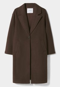 Cappotto in lana marrone scuro a un bottone con ampi revers, due tasche laterali e taglio dritto del marchio Bershka.