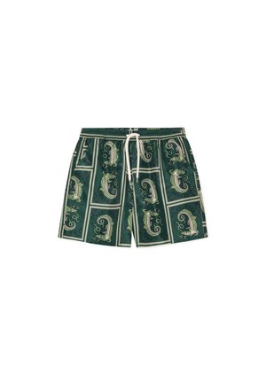 Short de bain vert avec ceinture élastique et cordon blanc, présentant un motif répétitif de crocodiles dans des cadres rectangulaires.