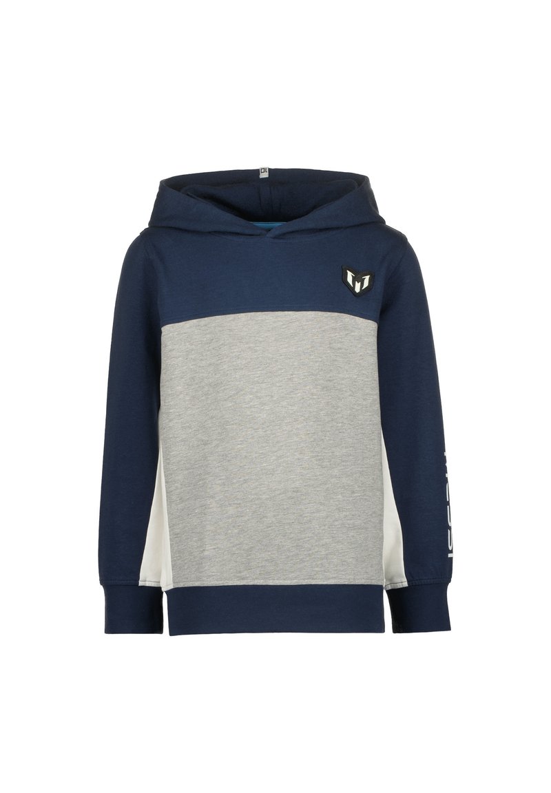 Navy blue and light gray hoodie with white side panels, front chest logo, and long sleeves against a white background.