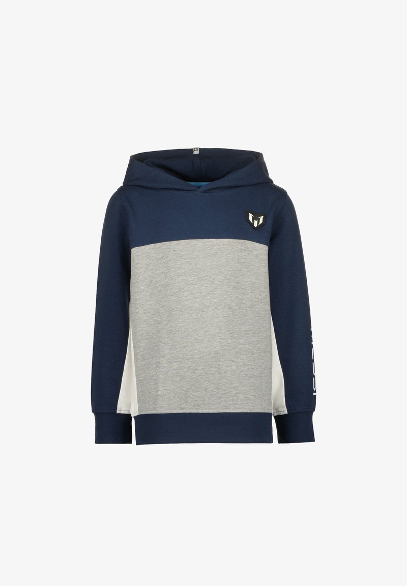 Sudadera en azul marino y gris claro con paneles laterales blancos, logo en el pecho delantero y mangas largas, sobre un fondo blanco.