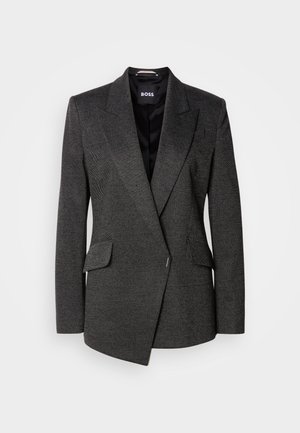 Dark grey blazer with a textured fabric, peaked lapels, and a single-breasted design. Features two front pockets and a layered front.