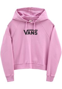Sweat à capuche rose en tissu doux avec une grande poche kangourou à l'avant, arborant un grand logo noir "VANS" sur la poitrine et des poignets côtelés.