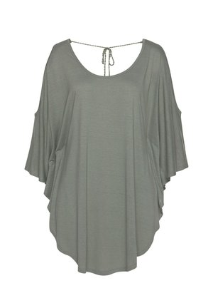Loose grey short-sleeve top with scoop neckline and back tie closure, featuring draped fabric and wide, flowing sleeves.