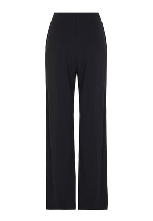 Pantalon noir à jambes larges en tissu doux; doté d'une taille haute et de deux poches latérales pour la fonctionnalité et le confort.