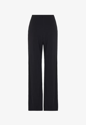 Pantalon noir à jambes larges en tissu doux; doté d'une taille haute et de deux poches latérales pour la fonctionnalité et le confort.