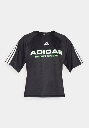 Black sports shirt with a textured pattern, featuring a green "ADIDAS SPORTSWEAR" logo, and three white stripes on each sleeve.