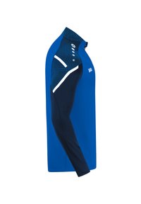 Blaues sportliches Langarmshirt mit einem dunkelblauen Seitenpaneel. Verfügt über ein strukturiertes Schulterdesign und einen hohen Kragen mit einem Reißverschluss.