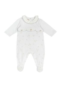 Romper bianco per bambini con maniche lunghe, colletto arricciato e motivi floreali dorati. Include pantaloni con piedi e chiusura a pressione sul retro.