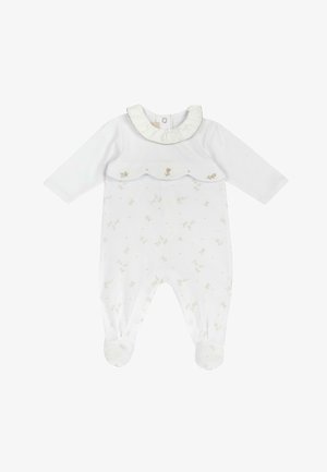 Romper bianco per bambini con maniche lunghe, colletto arricciato e motivi floreali dorati. Include pantaloni con piedi e chiusura a pressione sul retro.
