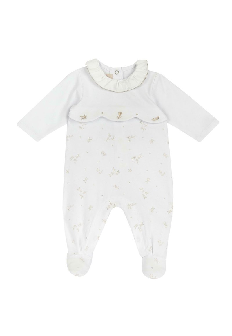 Romper bianco per bambini con maniche lunghe, colletto arricciato e motivi floreali dorati. Include pantaloni con piedi e chiusura a pressione sul retro.