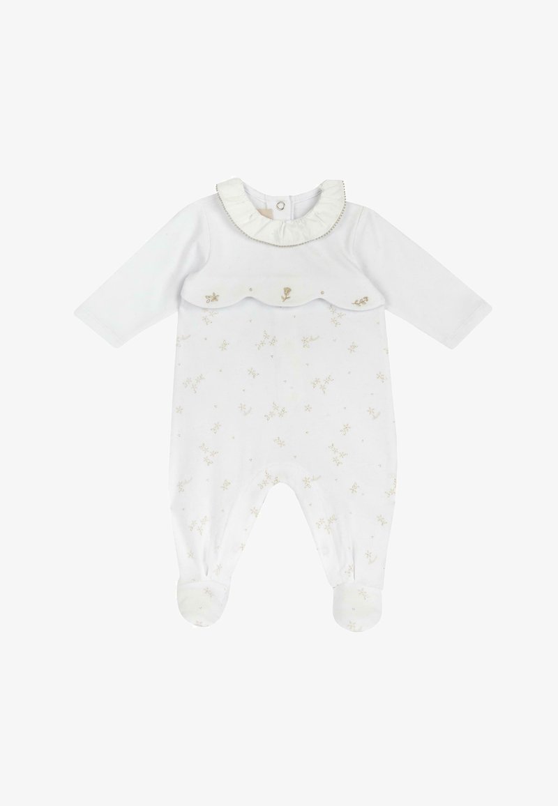 Romper bianco per bambini con maniche lunghe, colletto arricciato e motivi floreali dorati. Include pantaloni con piedi e chiusura a pressione sul retro.