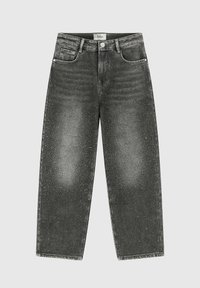 Jeans en denim noir à jambes larges avec une finition délavée et un détail moucheté, cinq poches et une fermeture à bouton à la taille.