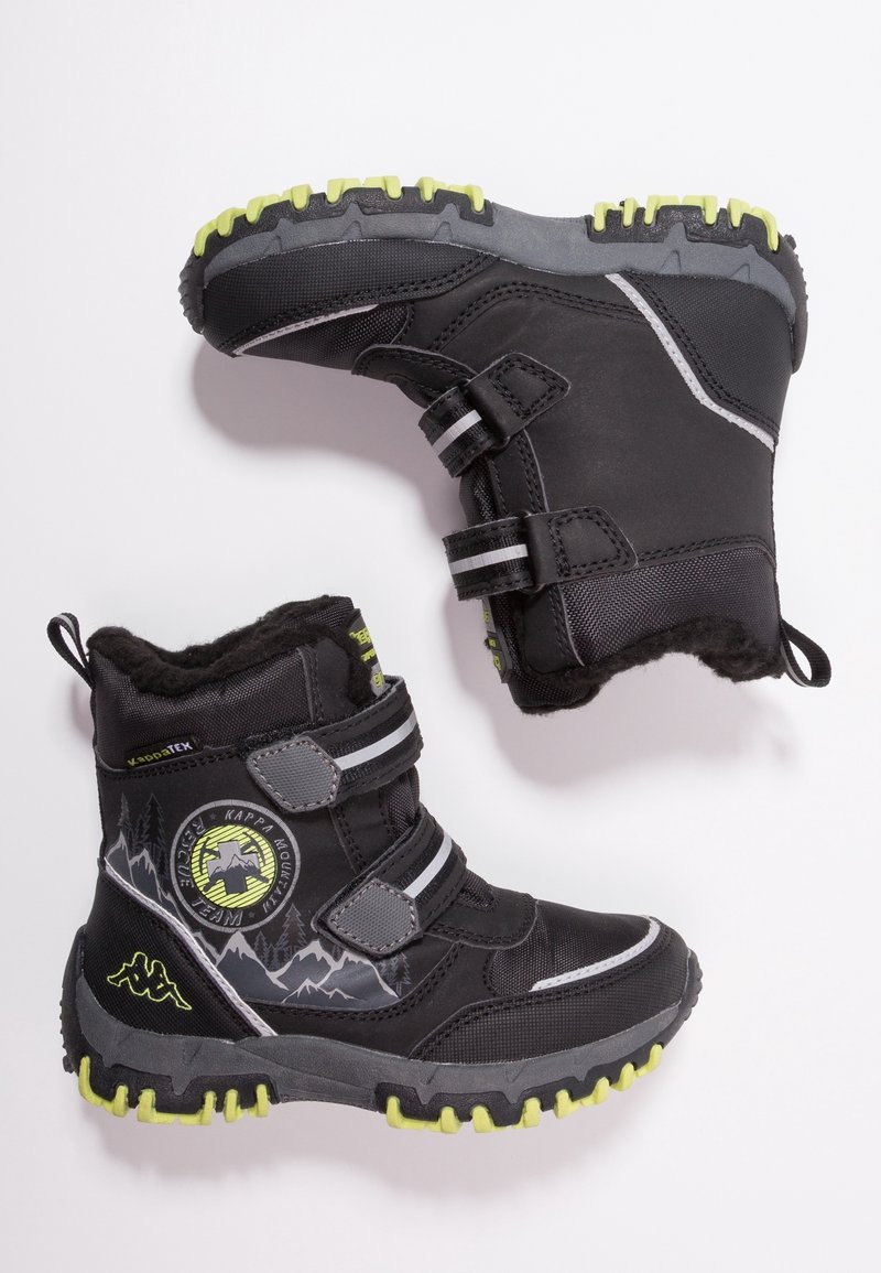 Bottes d’hiver noires pour enfants avec motifs montagne et ours, bandes Velcro, bandes réfléchissantes et semelles robustes vert citron vert.