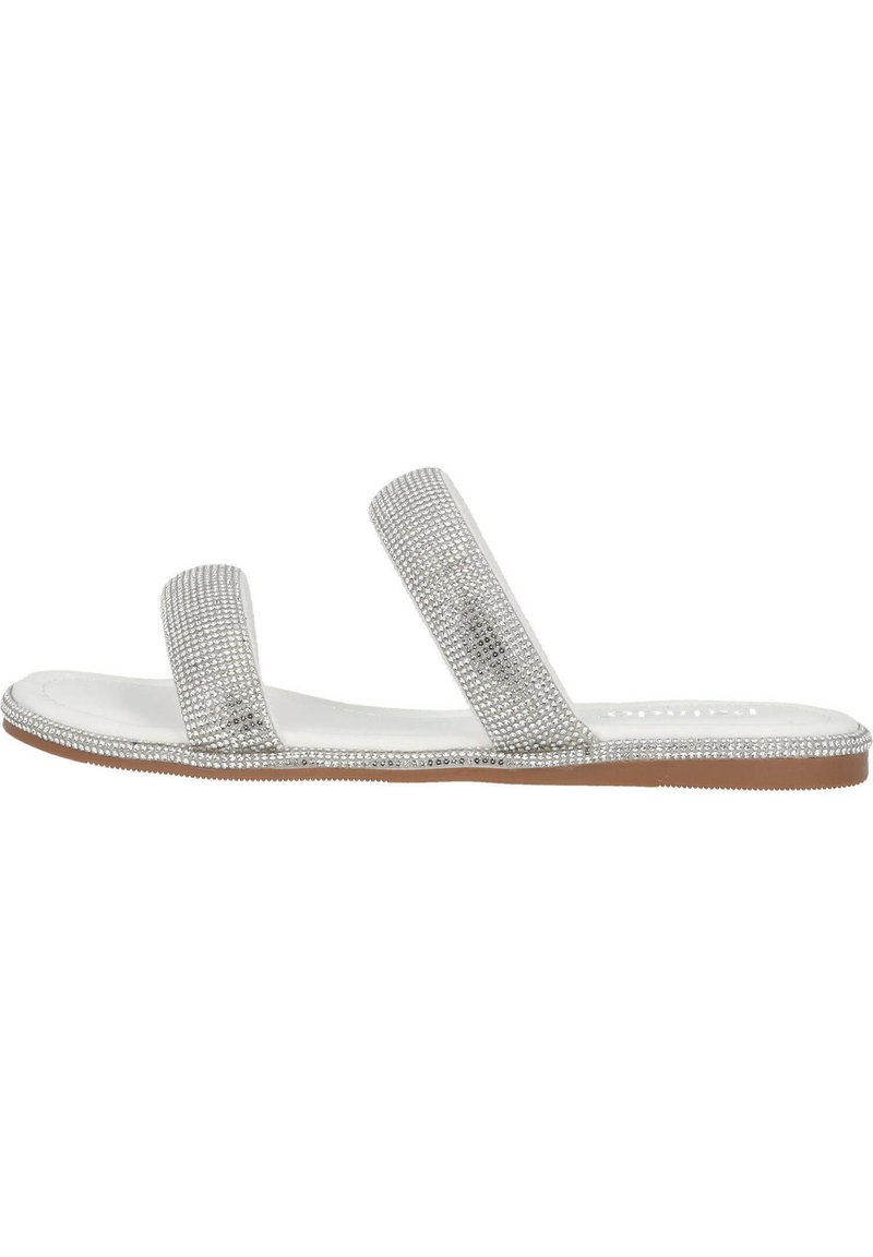Zilveren slide sandalen met twee brede banden versierd met rhinestones, een gladde witte voering en een platte tan zool.