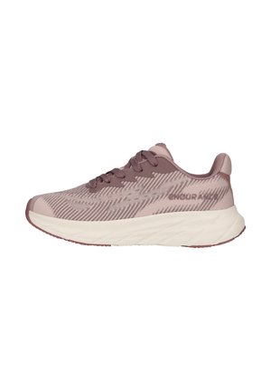 Lys mauve løbesko med hvid tyk sål og mauve snørebånd, sidetekst med "ENDUR KNIT," set fra ydersiden.